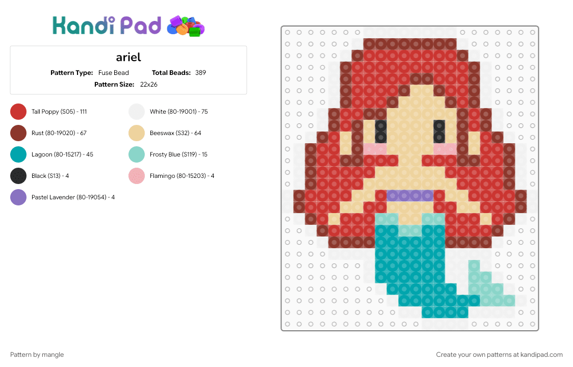 ariel - Fuse Bead Pattern by mangle on Kandi Pad - beige, cartoon, disney, easy, mermaid, princess, red, sea creature