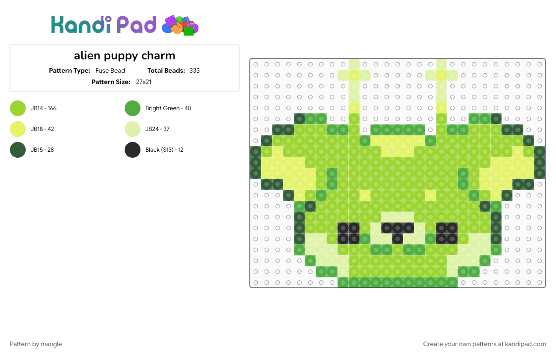 alien puppy charm - Fuse Bead Pattern by mangle on Kandi Pad - cute kawaii, gnarp gnarpy, green, keychain galaxy, planets stars, space planet, star, ufo dog