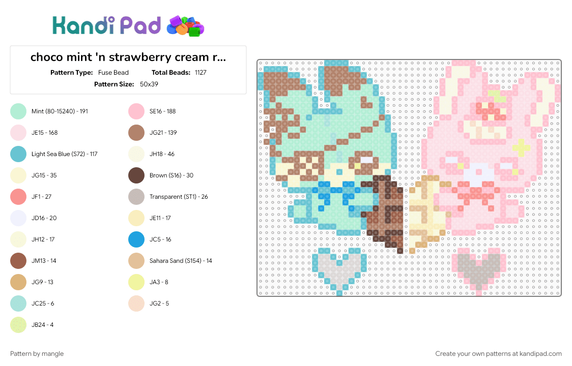 choco mint \'n strawberry cream rabbit keychain - Fuse Bead Pattern by mangle on Kandi Pad - animal animals, beige, bunny, cute kawaii, dangler charm charms, food dessert, light blue, matching, pink, tan, waffle heart hearts