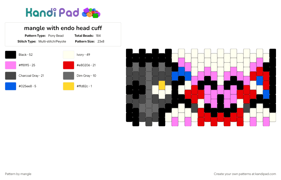 mangle with endo head cuff - Pony Bead Pattern by mangle on Kandi Pad - brown, cute kawaii, five nights at freddys, fnaf, fox, furry, heart, pink, red, video game
