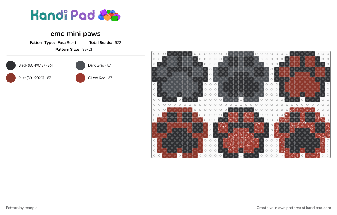 emo mini paws - Fuse Bead Pattern by mangle on Kandi Pad - animal, charm, furry, gray, keychain charms, kitty cat kitten, puppy dog, red