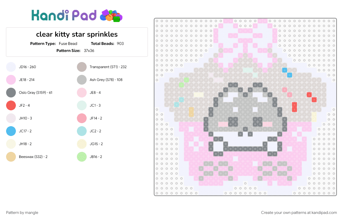 clear kitty star sprinkles - Fuse Bead Pattern by mangle on Kandi Pad - animal animals, beige, charms, cupcake cake, cute kawaii, dessert, keychain charm, kitten cat, pink, stars