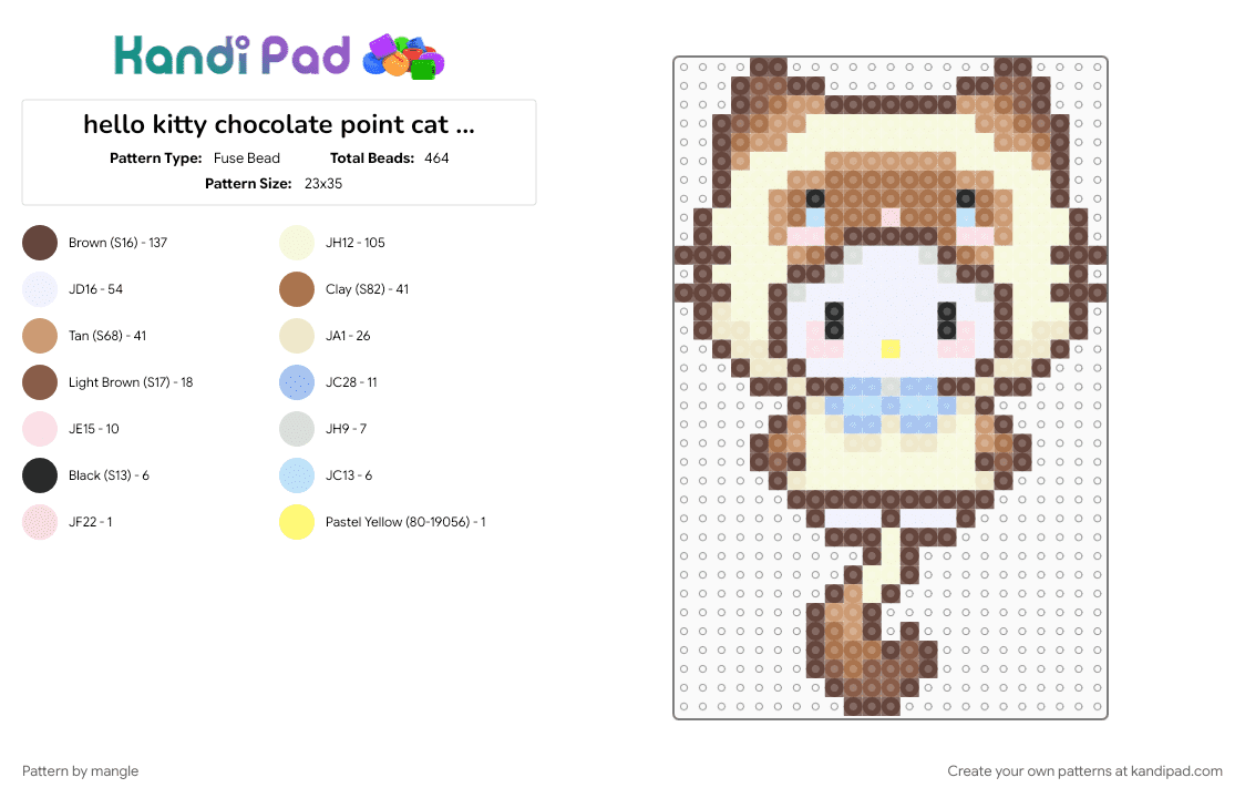 hello kitty chocolate point cat costume - Fuse Bead Pattern by mangle on Kandi Pad - beige, brown, cute kawaii, keychain, kitten cat, pet, sanrio, tan
