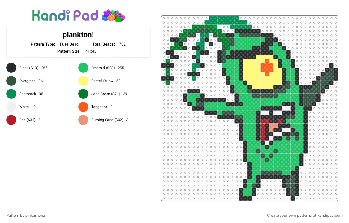 plankton! - Fuse Bead Pattern by pinkamena on Kandi Pad - green,spongebob squarepants,cartoon,cartoons,2000s,sea creature