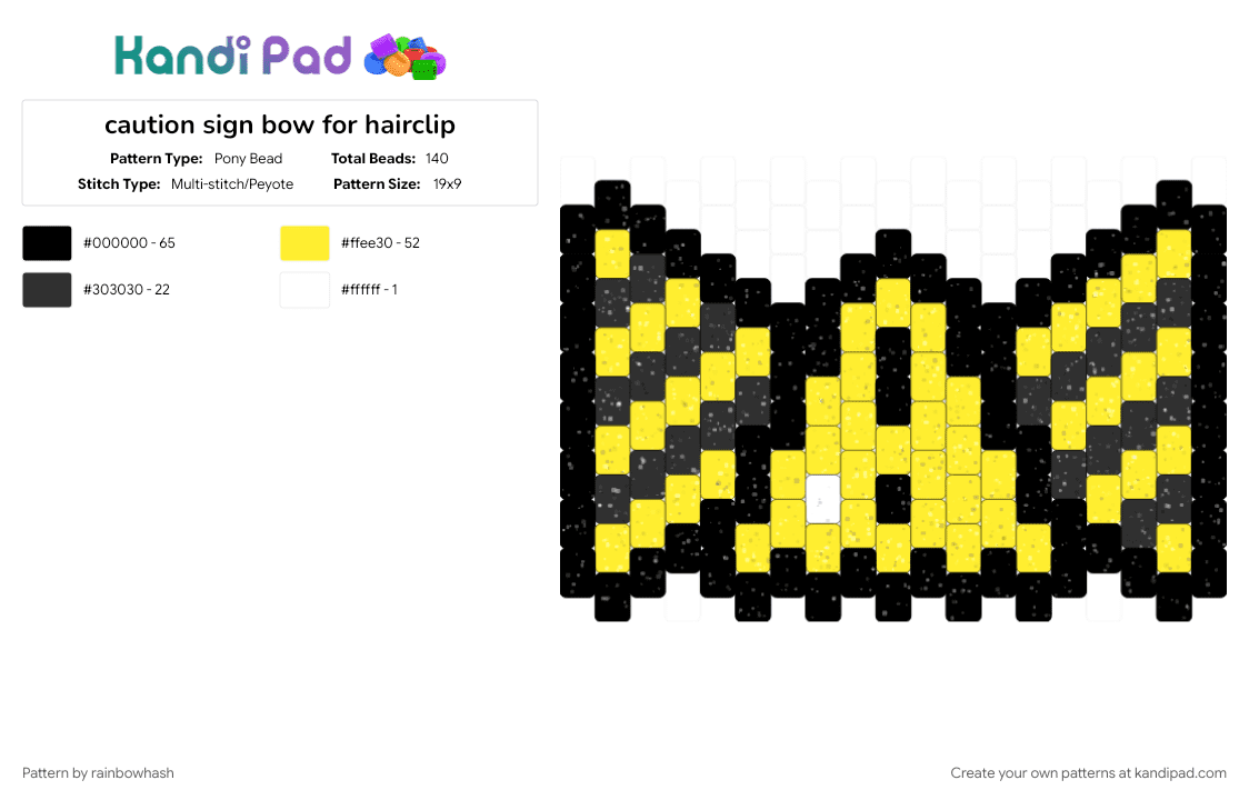 caution sign bow for hairclip - Pony Bead Pattern by mangle on Kandi Pad - accessory, beware tech popup, error, robot, scene bowtie, scenemo, warning triangle, wearable, yellow