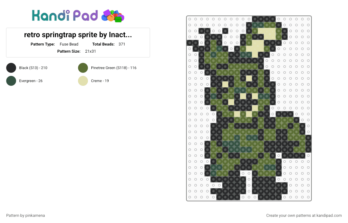 retro springtrap sprite by Inactiveherenow - Fuse Bead Pattern by mangle on Kandi Pad - 8bit, black, five nights at freddys, fnaf, gold, horror, keychain, video game