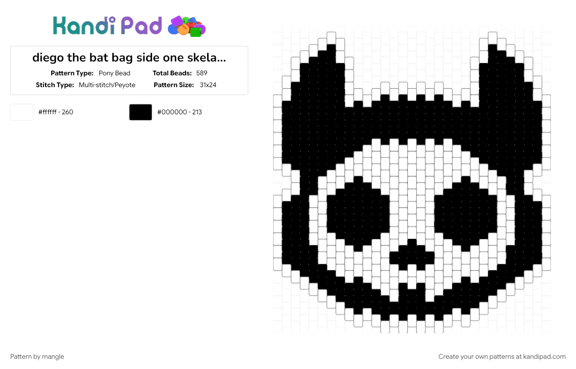 diego the bat bag side one skelanimals (1/2) (handle in desc) - Pony Bead Pattern by mangle on Kandi Pad - 2000s, black, cute kawaii horror, cutegore puppy, panel animal animals, scene emo, scenemo accessory, skeleton skull, skulls, white