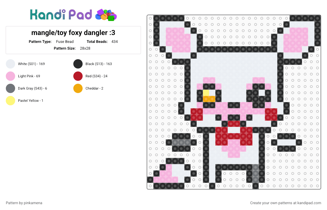 mangle/toy foxy dangler :3 - Fuse Bead Pattern by rainbowhash on Kandi Pad - five nights at freddys, fnaf, furry, keychain, pink, red, video game, white