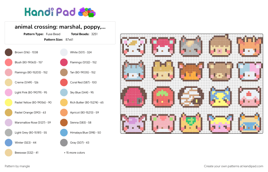 animal crossing: marshal, poppy, raymond, zucker, beau, lolly, coco, fauna, maple, judy, cherry, ketchup, lucky, ankha, merengue, diana, apple, tangy, fuchsia, mitzi - Fuse Bead Pattern by mangle on Kandi Pad - animal, animals, beige, brown, cute, kawaii, keychain charms, nintendo video game, red