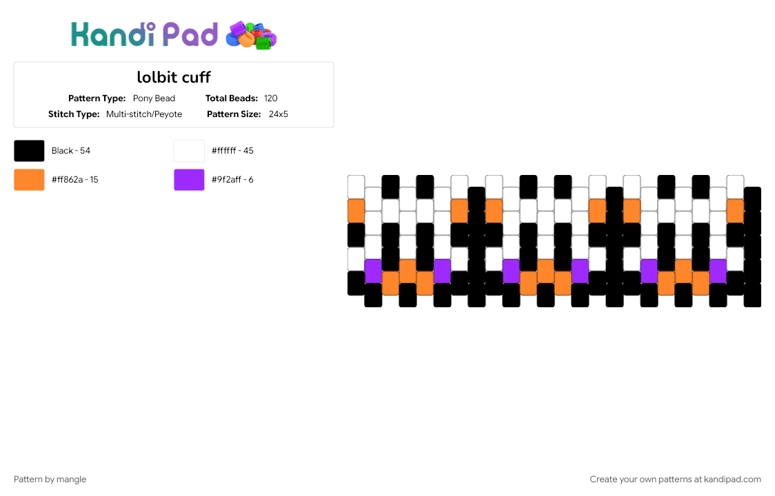 lolbit cuff - Pony Bead Pattern by mangle on Kandi Pad - five nights at freddys, fnaf, fox, furry, orange, purple, video game, white