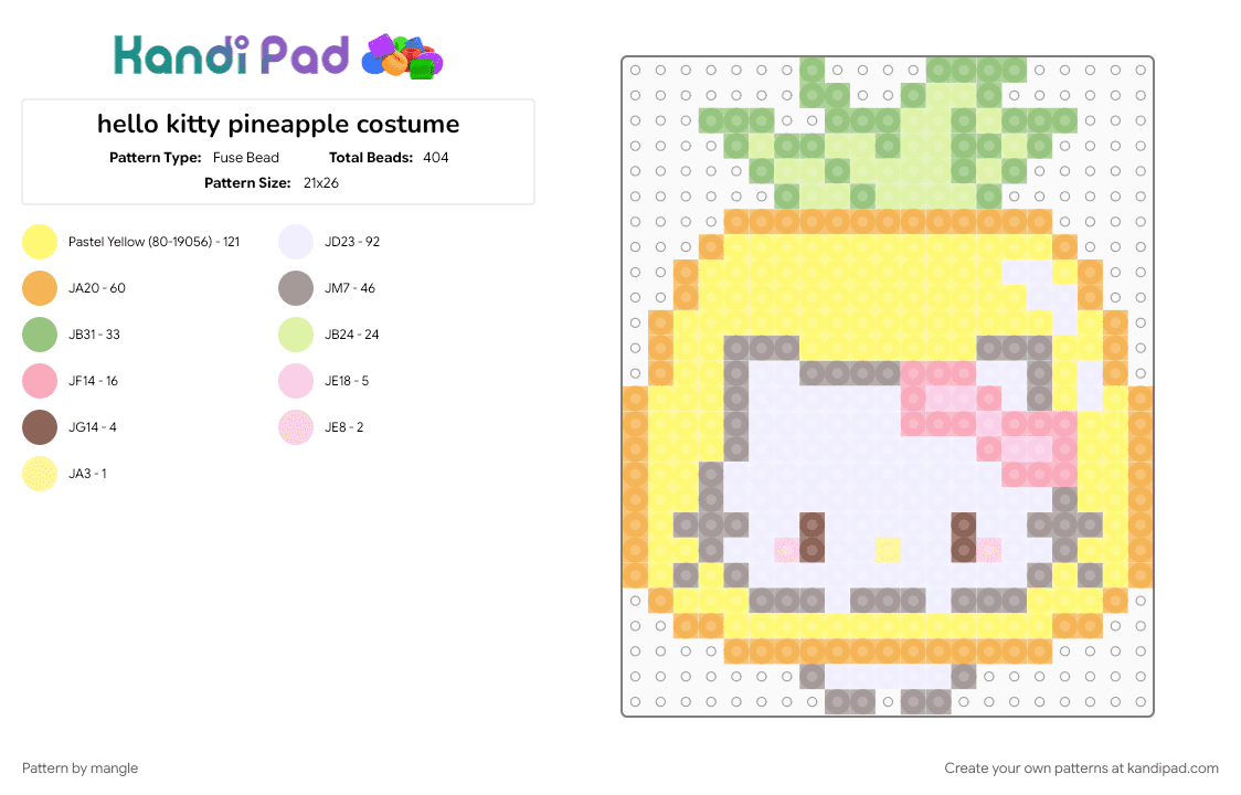 hello kitty pineapple costume - Fuse Bead Pattern by mangle on Kandi Pad - animal, animals, cute kawaii, food, kitten, kitty cat, orange, sanrio, tropical fruit, yellow