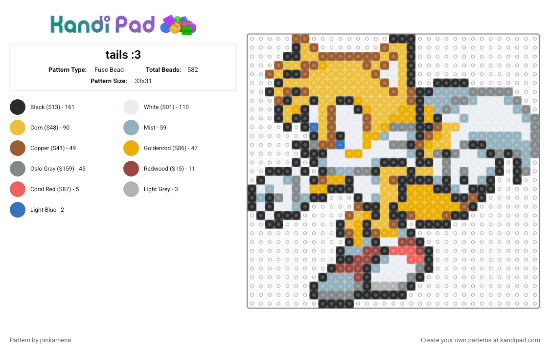 tails :3 - Fuse Bead Pattern by pinkamena on Kandi Pad - yellow,orange,light blue,colorful,cute,fox,sonic the hedgehog,video game,sega,furry,animal