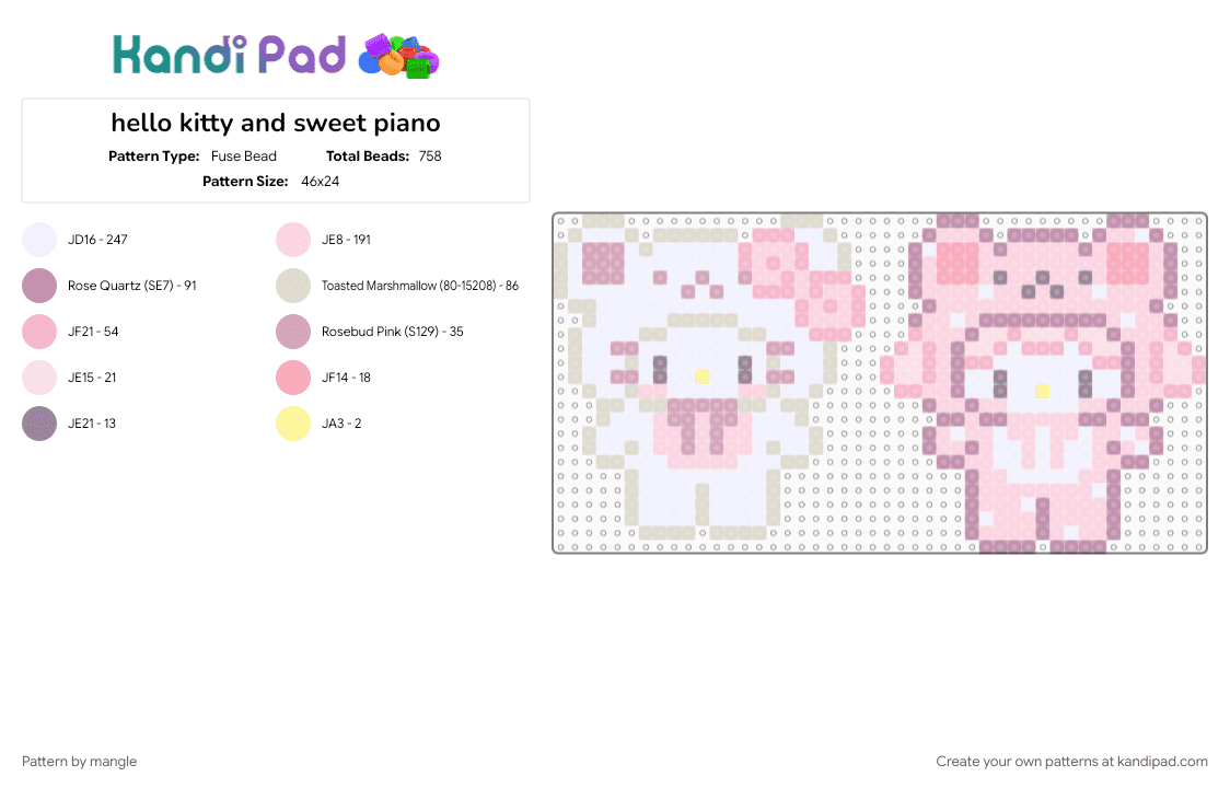 hello kitty and sweet piano - Fuse Bead Pattern by mangle on Kandi Pad - accessory charm, animal animals, beige, cute kawaii sanrio, decora keychain, kitten cat, lamb sheep, matching, pink, small easy, white