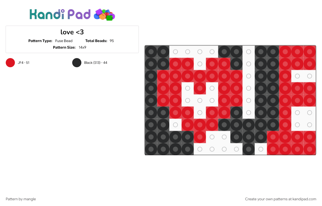 love - Fuse Bead Pattern by mangle on Kandi Pad - black, cute, heart, keychain, red, valentines