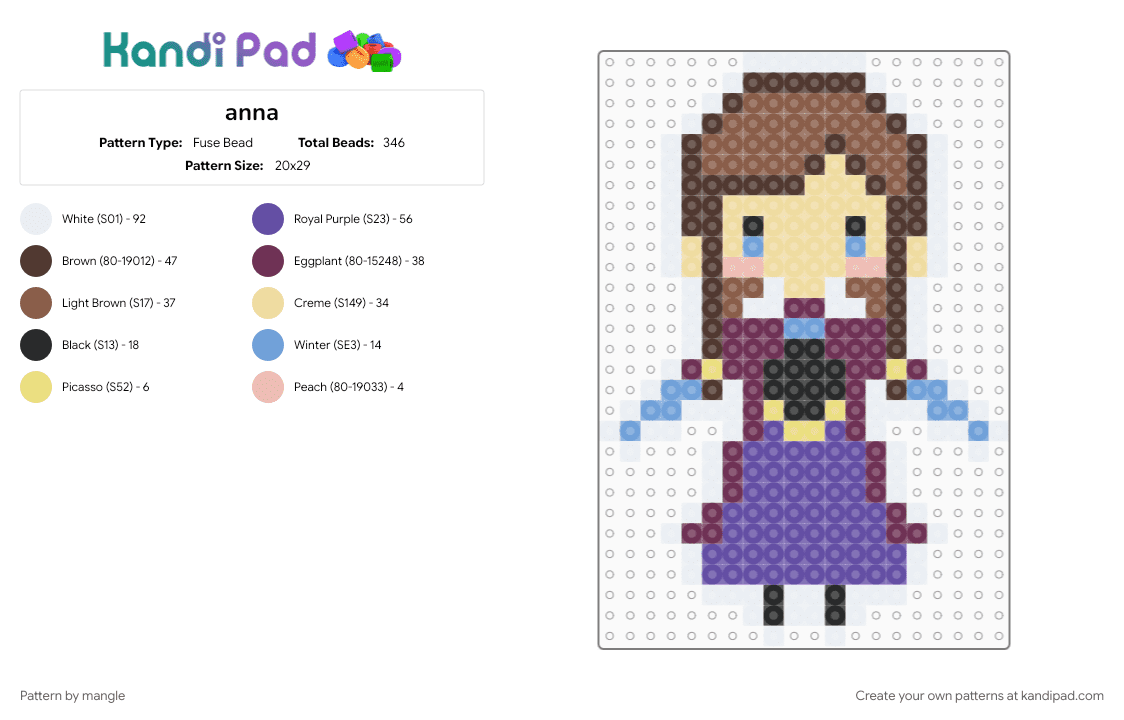 anna - Fuse Bead Pattern by mangle on Kandi Pad - beige, brown, cartoon, colorful, disney, easy, frozen elsa, princess, tan