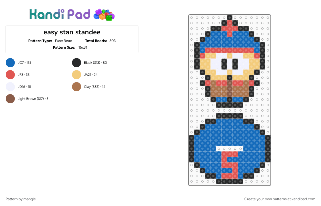 easy stan standee - Fuse Bead Pattern by mangle on Kandi Pad - animation animated, beginner, blue, cartoon, south park, stan marsh, tv show