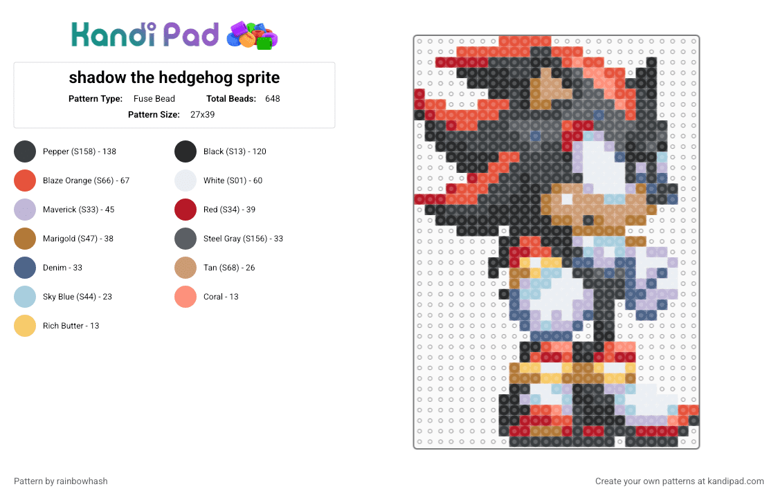 shadow the hedgehog sprite - Fuse Bead Pattern by mangle on Kandi Pad - animal, black, colorful, furry, pink, red, sega, sonic, tan, video game