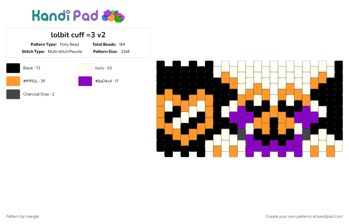 lolbit cuff =3 v2 - Pony Bead Pattern by mangle on Kandi Pad - cute kawaii, five nights at freddys, fnaf, fox, furry, heart, orange, video game