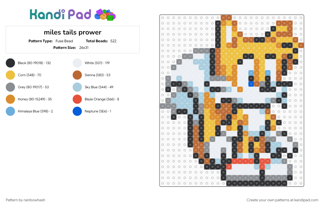 miles tails prower - Fuse Bead Pattern by mangle on Kandi Pad - colorful, gray, miles prower, sonic the hedgehog, tan, video game