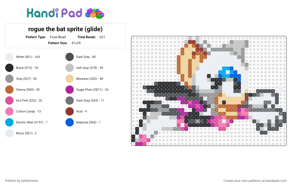 rogue the bat sprite (glide) - Fuse Bead Pattern by mangle on Kandi Pad - animal, animals, beige, cute, furry, gray, kawaii, pink, sega, sonic the hedgehog, video game