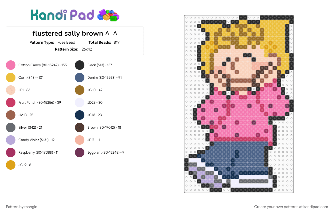 flustered sally brown ^_^ - Fuse Bead Pattern by mangle on Kandi Pad - 90s cartoon, animated character, beige, blue, charlie brown, cute, pink, silly, snoopy, web comic, yellow