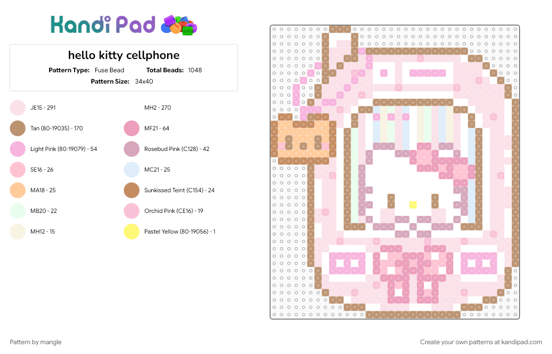 hello kitty cellphone - Fuse Bead Pattern by mangle on Kandi Pad - beige, cute kawaii, cutecore kawaii core, kitty cat kitten, old tech technology, pink, sanrio, white