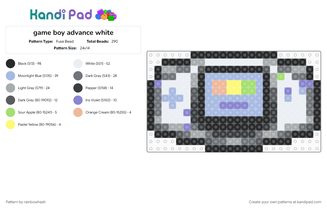 game boy advance white - Fuse Bead Pattern by mangle on Kandi Pad - 2000s, charm, charms, console, gba, gray, handheld, light blue, nintendo, video game