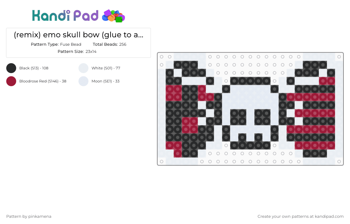 (remix) emo skull bow (glue to a hairclip :3) - Fuse Bead Pattern by pinkamena on Kandi Pad - white,polkadot,striped,dotted,accessory,hairbow,hair bow,scene,scenemo