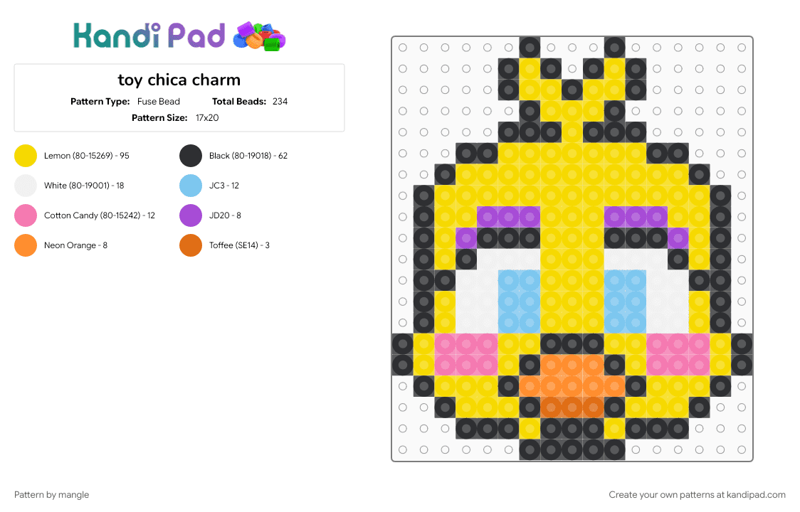 toy chica charm - Fuse Bead Pattern by mangle on Kandi Pad - charms, cute kawaii, five nights at freddys, fnaf, furry, keychain, video game, yellow