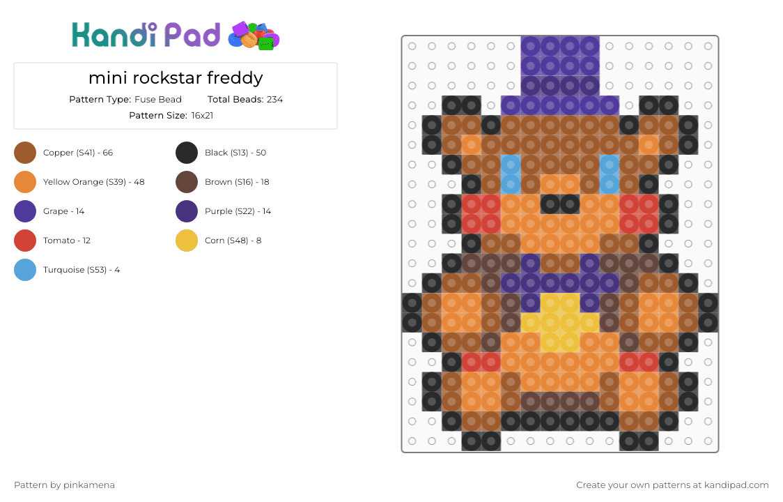 mini rockstar freddy - Fuse Bead Pattern by pinkamena on Kandi Pad - purple,tan,orange,small,tiny,charm,keychain,fnaf,five nights at freddys,video game,easy