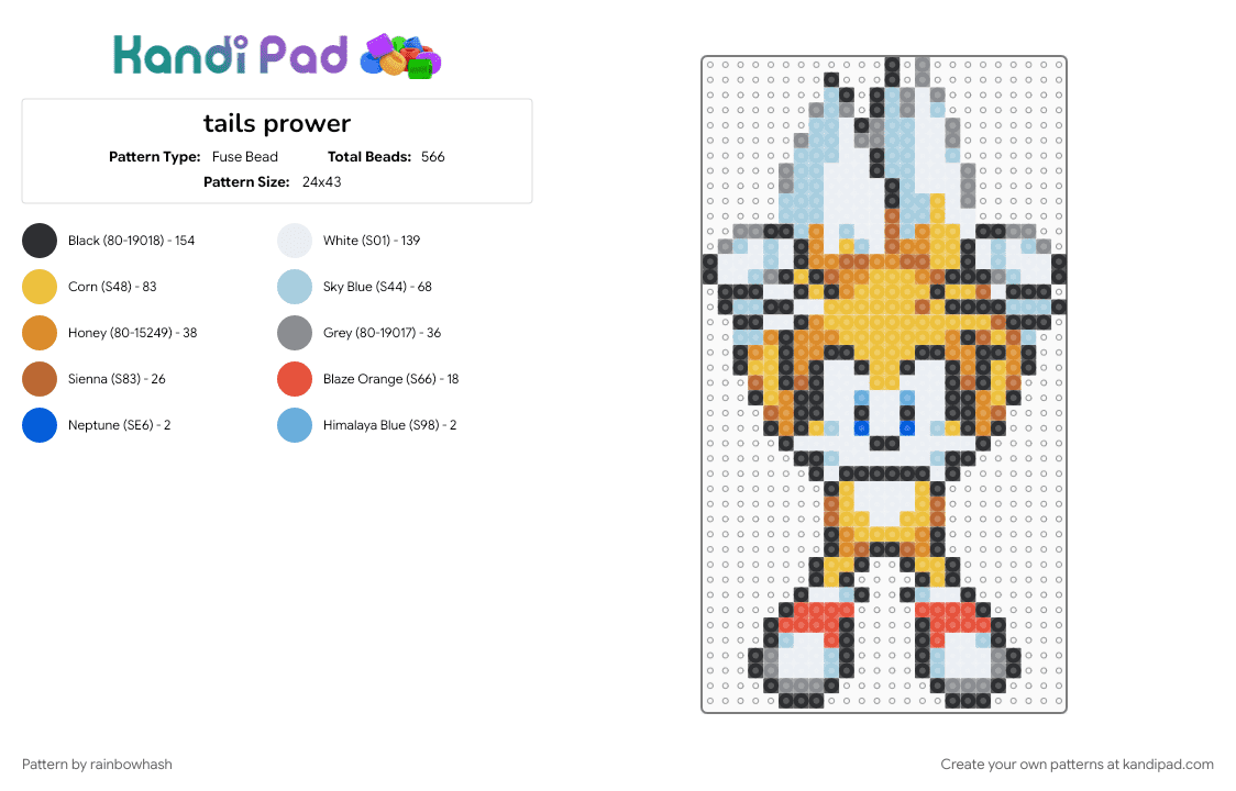 tails prower - Fuse Bead Pattern by rainbowhash on Kandi Pad - gray, light blue, miles prower, orange, sonic the hedgehog, video game, yellow