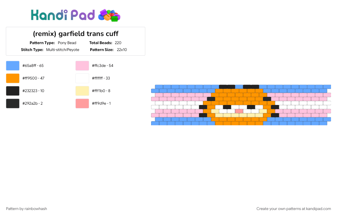 garfield trans cuff - Pony Bead Pattern by mangle on Kandi Pad - animal, animals, kitten, kitty cat, lgbt queer, lgbtq pride, lgbtqia trans gender, light blue, orange, pink, transgender