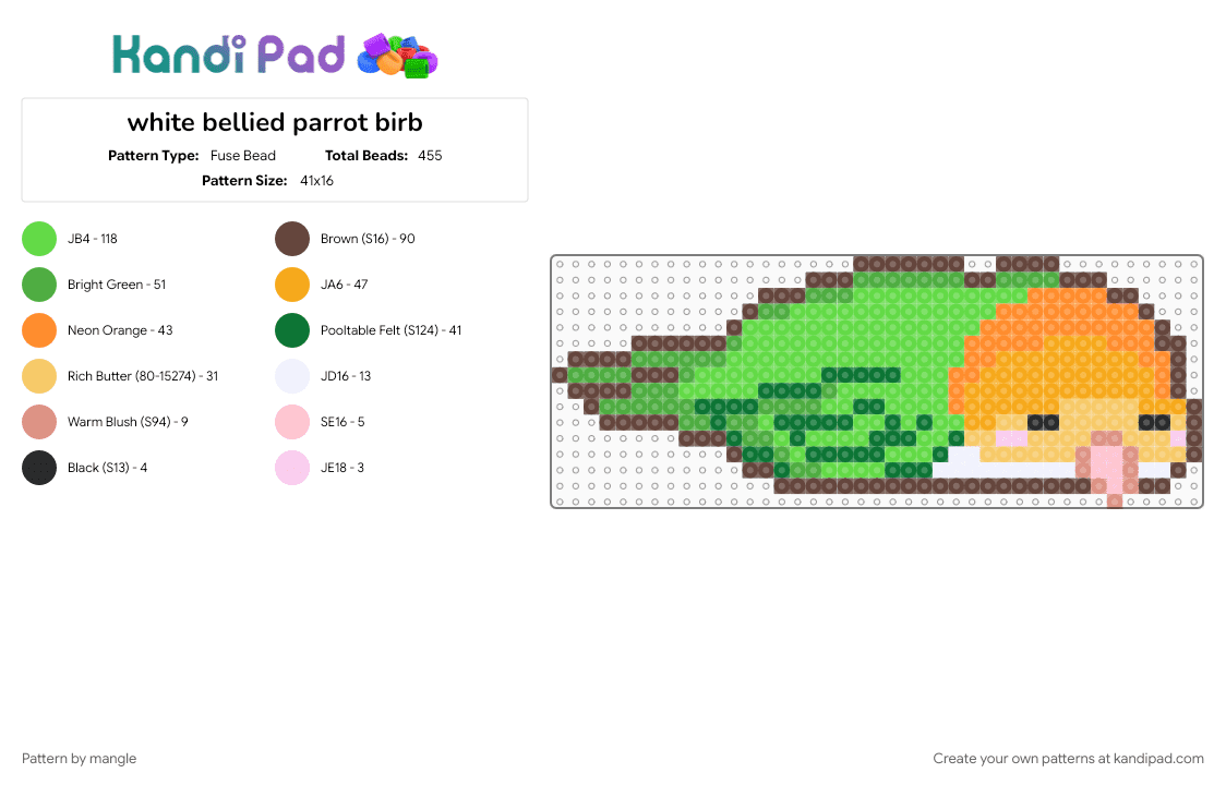 white bellied parrot birb - Fuse Bead Pattern by mangle on Kandi Pad - animal animals, bird pet, brown, cute kawaii, green, orange, sleepy sleeping
