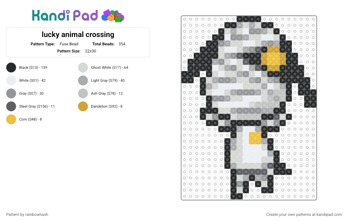 lucky animal crossing - Fuse Bead Pattern by mangle on Kandi Pad - acnh, acnl, animal, gray, nintendo, puppy dog, video game, white