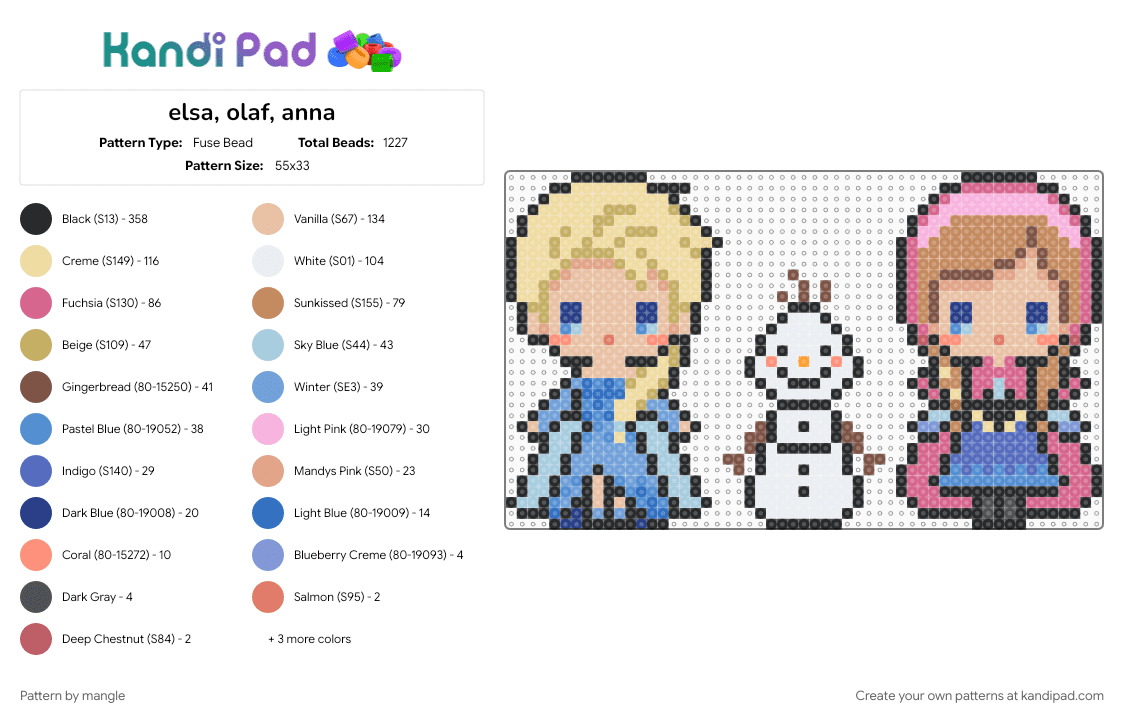 elsa, olaf, anna - Fuse Bead Pattern by mangle on Kandi Pad - beige, cartoon, disney, easy, frozen, light blue, pink, princess, small, tan