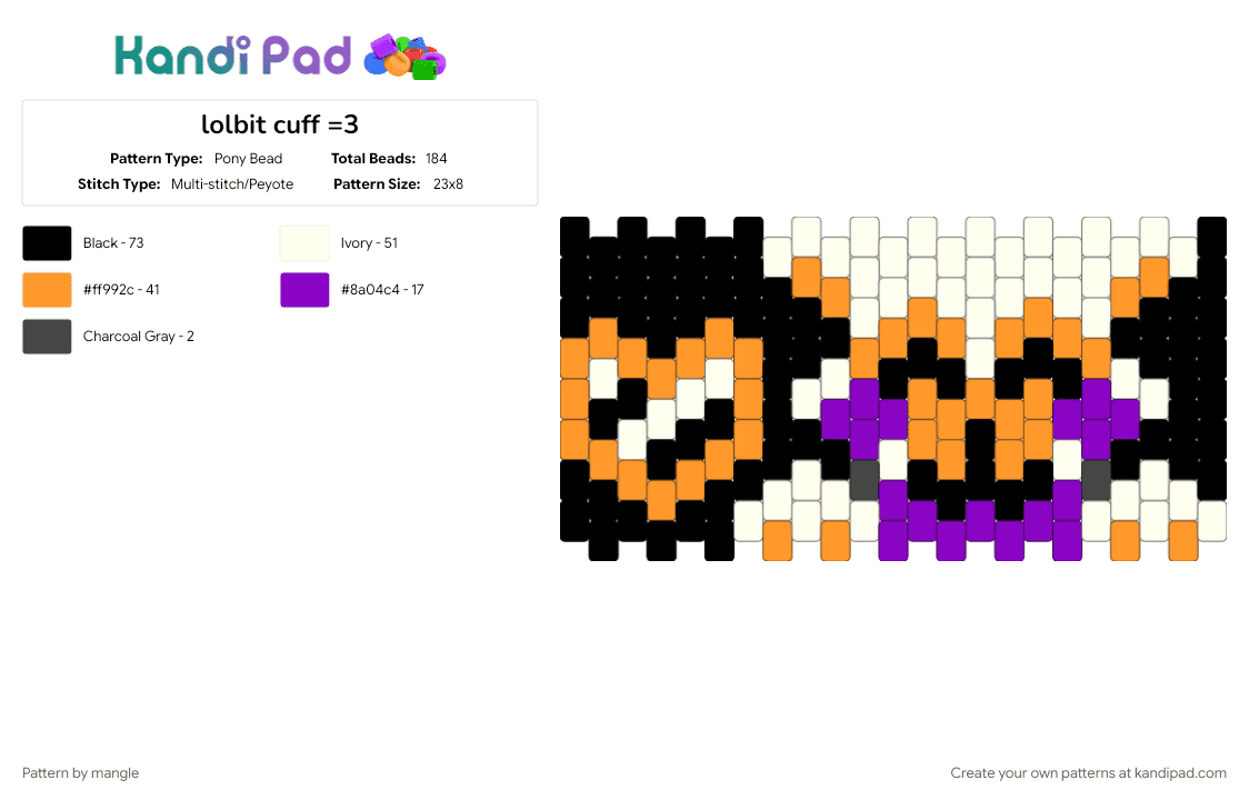lolbit cuff =3 - Pony Bead Pattern by mangle on Kandi Pad - cute kawaii, five nights at freddys, fnaf, fox, furry, heart, orange, video game