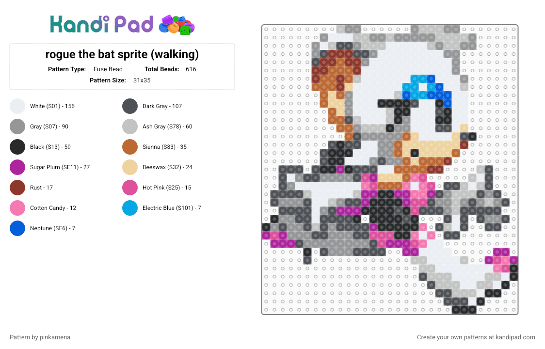 rogue the bat sprite (walking) - Fuse Bead Pattern by mangle on Kandi Pad - animal, animals, beige, cute, furry, gray, kawaii, pink, sega, sonic the hedgehog, video game
