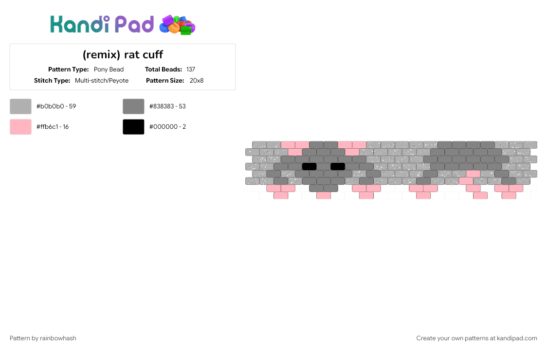 rat cuff - Pony Bead Pattern by mangle on Kandi Pad - animal, animals, beige, cute, gray, mouse, rodent