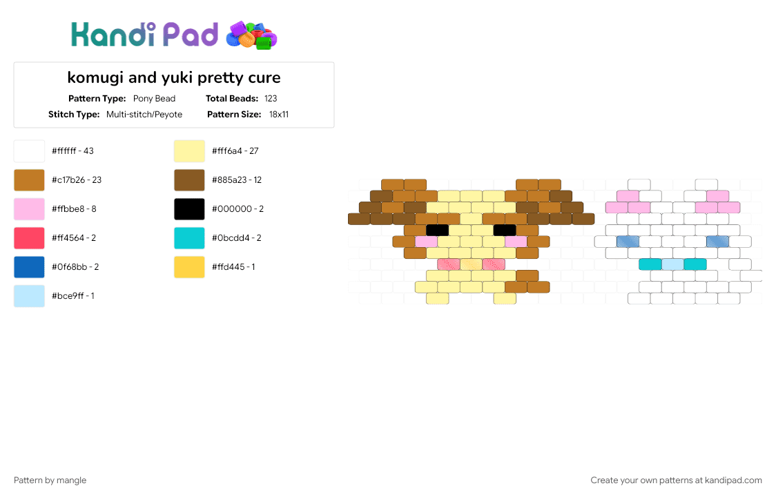 komugi and yuki pretty cure - Pony Bead Pattern by mangle on Kandi Pad - animal animals, anime, cute kawaii, keychain charm charms, kitty cat kitten, puppy dog, small easy, tan, yellow