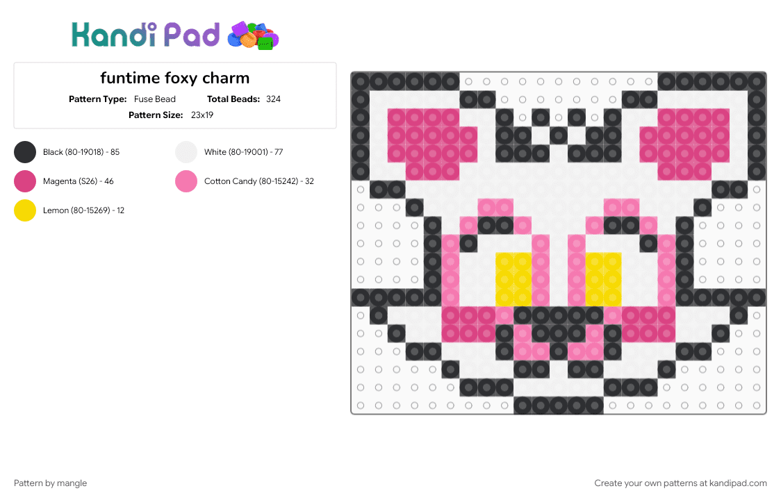 funtime foxy charm - Fuse Bead Pattern by mangle on Kandi Pad - charms, cute kawaii, five nights at freddys, fnaf, fox, furry, pink, sister location keychain, video game