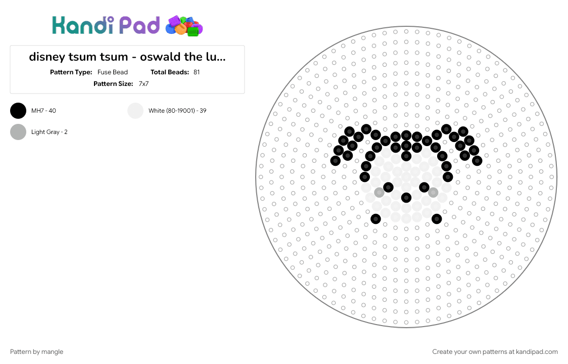 disney tsum tsum - oswald the lucky rabbit - Fuse Bead Pattern by mangle on Kandi Pad - animal animals, bunny, charm charms, cute kawaii, keychain, small easy, white