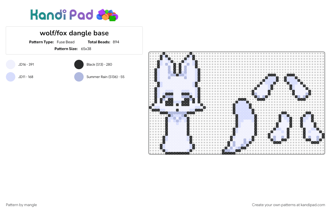 wolf/fox dangle base - Fuse Bead Pattern by mangle on Kandi Pad - cute kawaii, free to use, keychain dangler, oc fursona, ragdoll cat dog, white