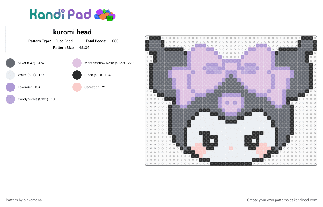 kuromi head - Fuse Bead Pattern by pinkamena on Kandi Pad - pink,gray,cute,kawaii,sanrio,hello kitty,bow