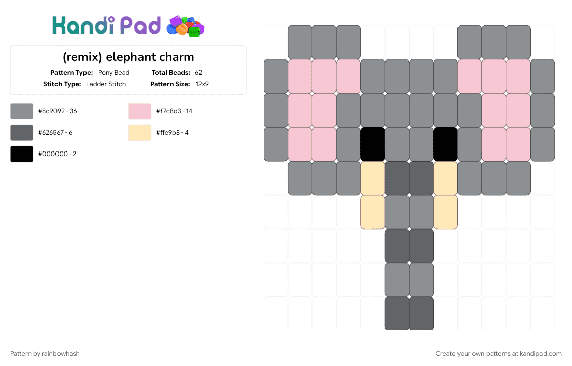 elephant charm - Pony Bead Pattern by mangle on Kandi Pad - animal, animals, cute, easy, gray, keychain, safari