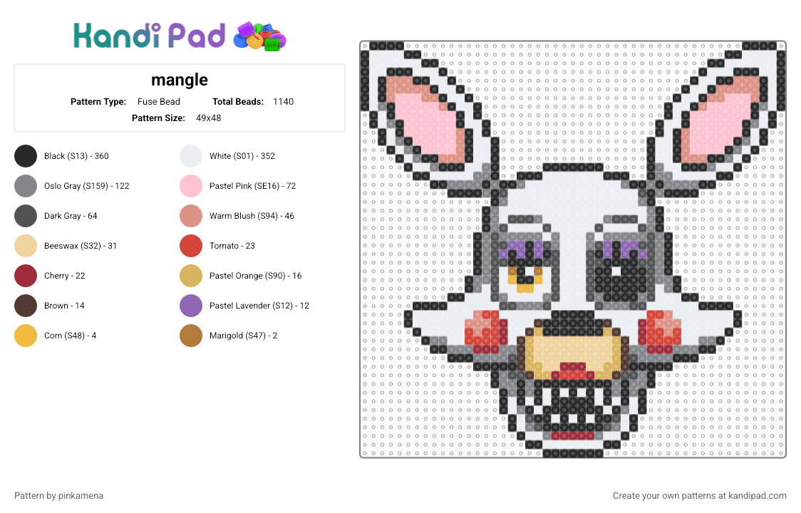 mangle - Fuse Bead Pattern by pinkamena on Kandi Pad - white,gray,beige,pink,fnaf,five nights at freddys