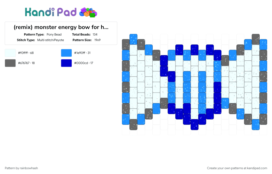 monster energy bow for hairclip v2 - Pony Bead Pattern by mangle on Kandi Pad - decora accessory, energy drink, light blue, scene bowtie, scenemo, white