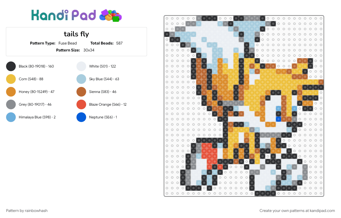 tails fly - Fuse Bead Pattern by mangle on Kandi Pad - colorful, light blue, miles prower, orange, sonic the hedgehog, video game