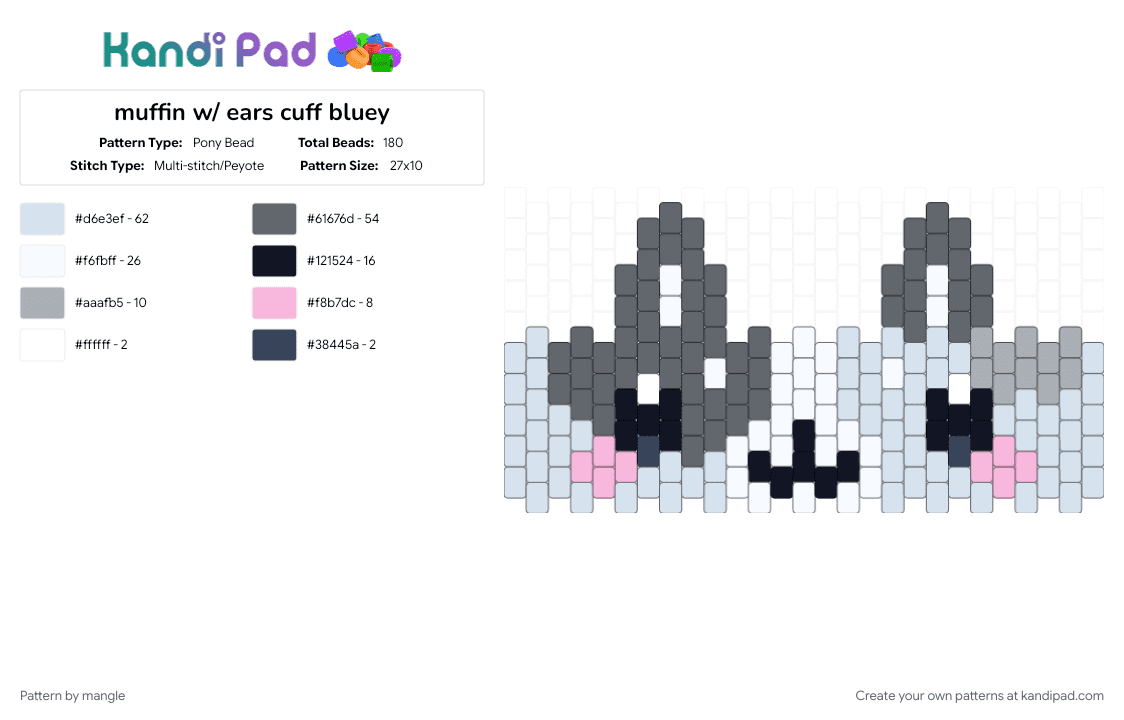 muffin w/ ears cuff bluey - Pony Bead Pattern by mangle on Kandi Pad - animal animals, animated, animation, bluey, cartoon character, cute kawaii, gray, puppy dog, tv show, white