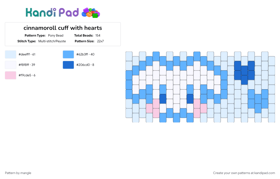 cinnamoroll cuff with hearts - Pony Bead Pattern by mangle on Kandi Pad - animal, cute, dog, kawaii, light blue, puppy, sanrio, white