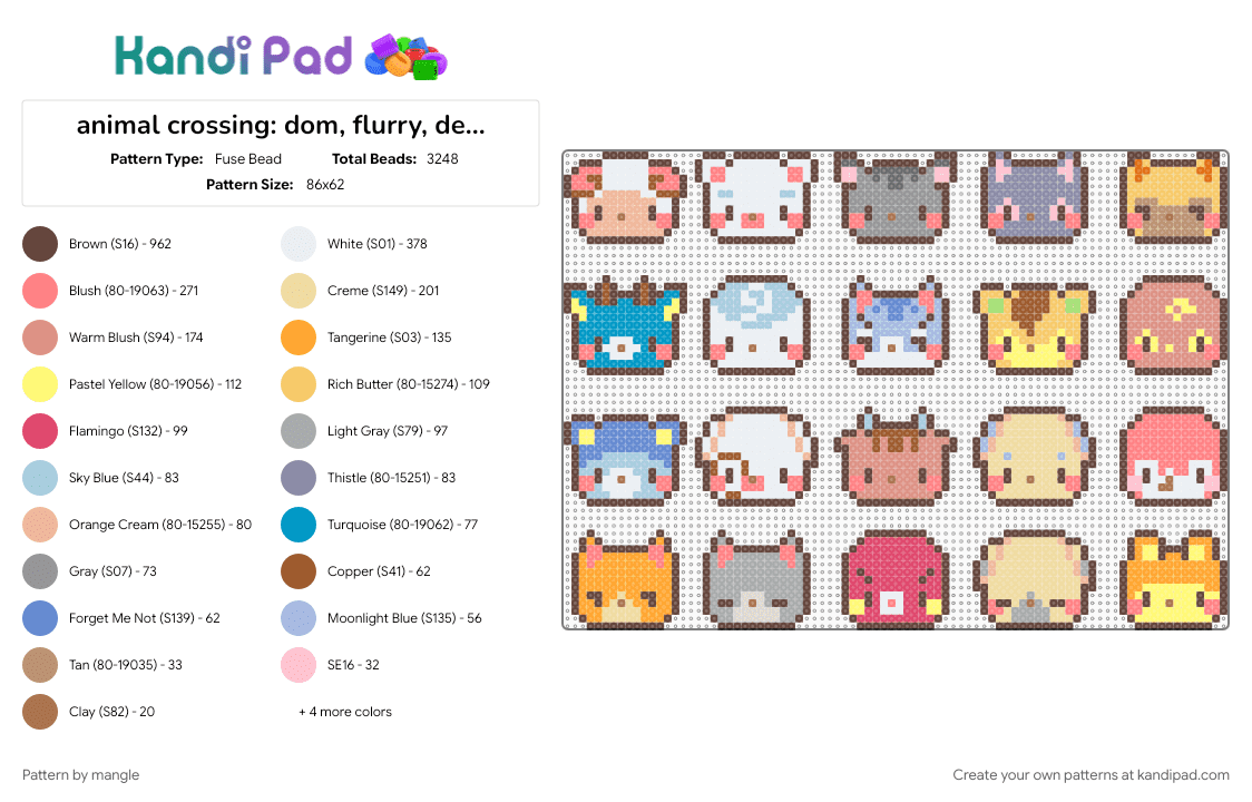 animal crossing: dom, flurry, deirdre, kiki, kyle, bam, sprinkle, tom, hamlet, bill, bluebear, bones, pashmina, daisy, lucha, dobie, octavian, mac, bunnie - Fuse Bead Pattern by mangle on Kandi Pad - animal, animals, brown, colorful, cute, kawaii, keychain charms, nintendo video game, red, yellow